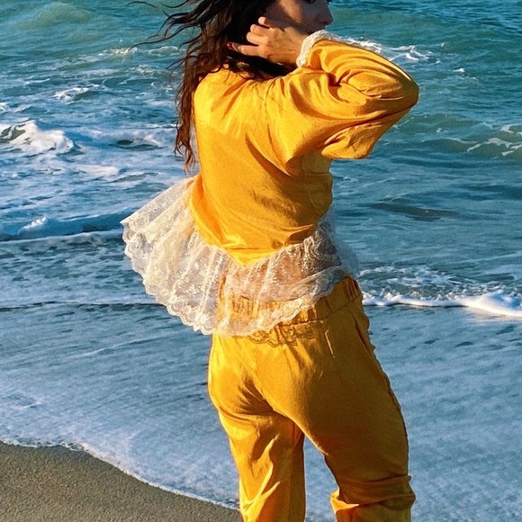 Vintage Mustard Gold High Waist Flare Pants Set